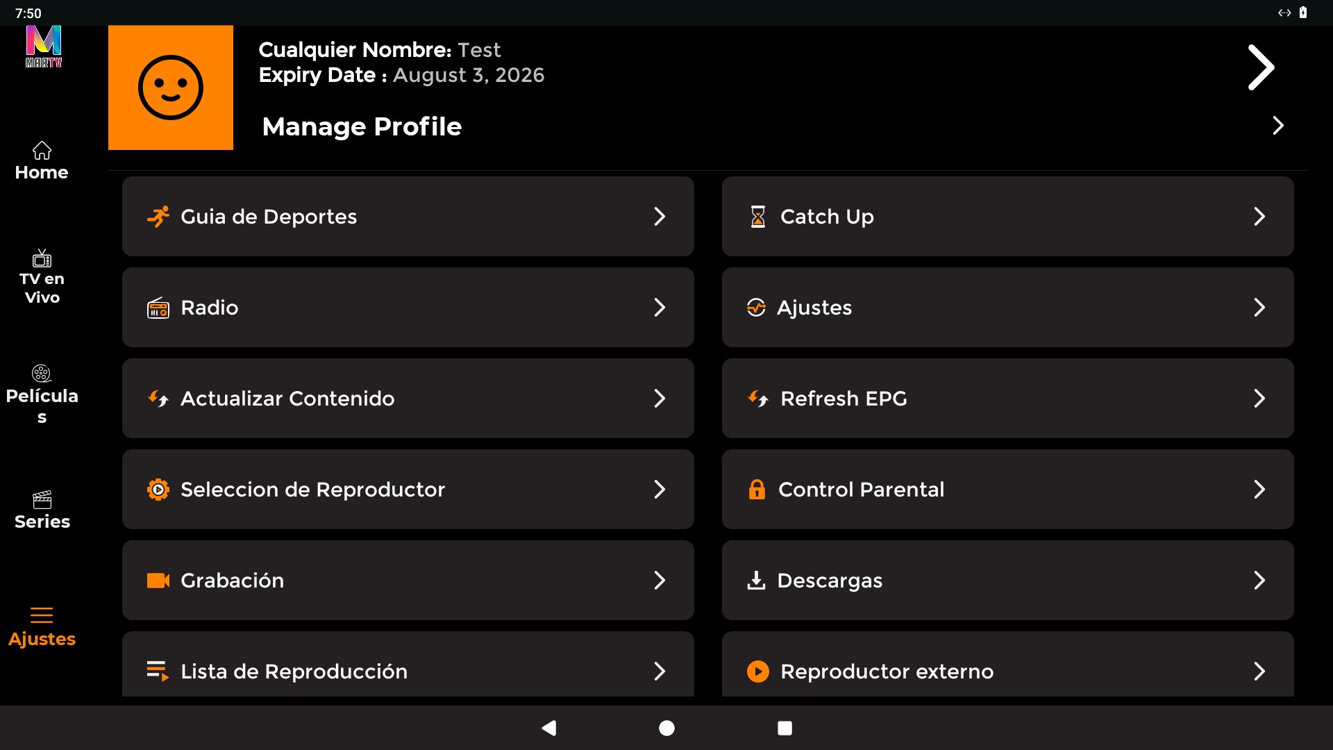 Dev Player 4K — Ajustes (grabación, descargas, parental)