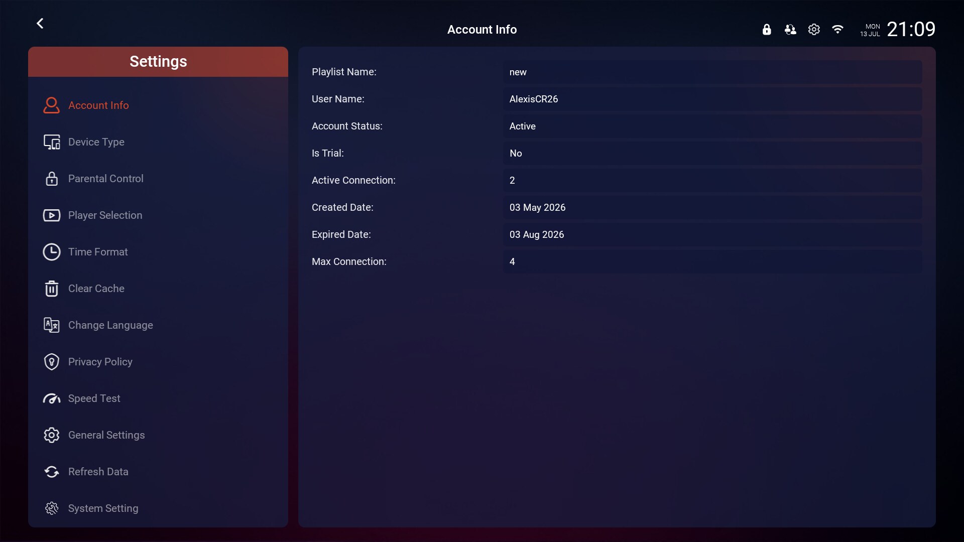 Easy Stream TV — Cuenta y ajustes