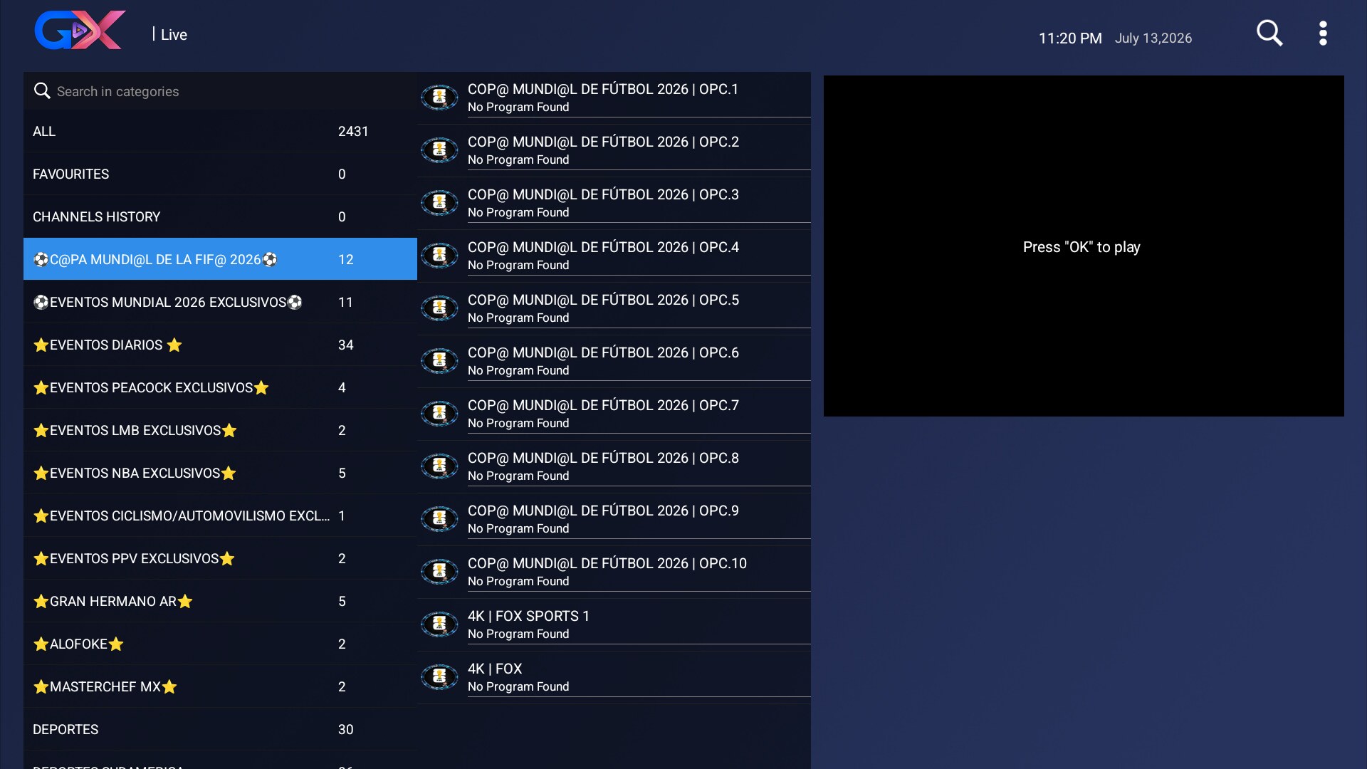 TV en vivo con lista de categorías y canales