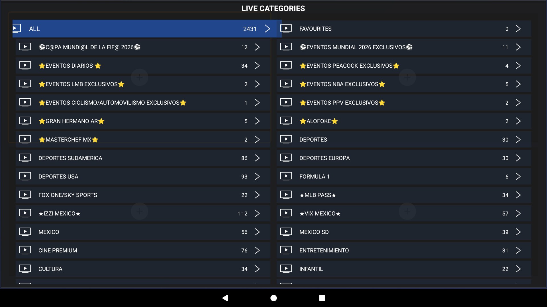 Categorías de TV en vivo con conteo de canales