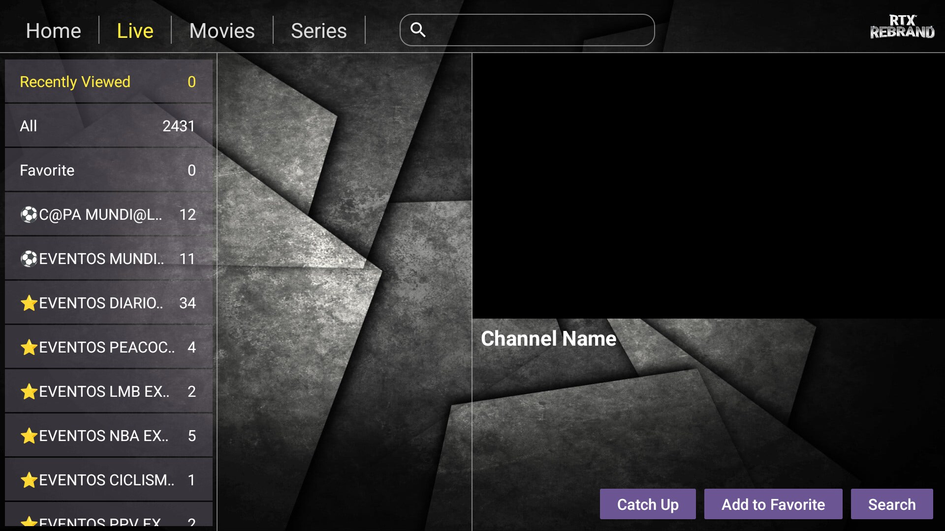 TV en vivo con categorías, favoritos y Catch Up