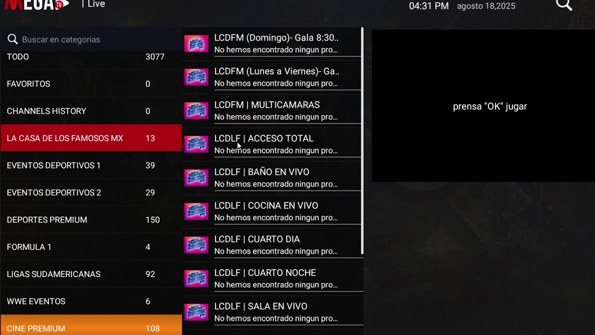 Live TV with categories, history and channel list