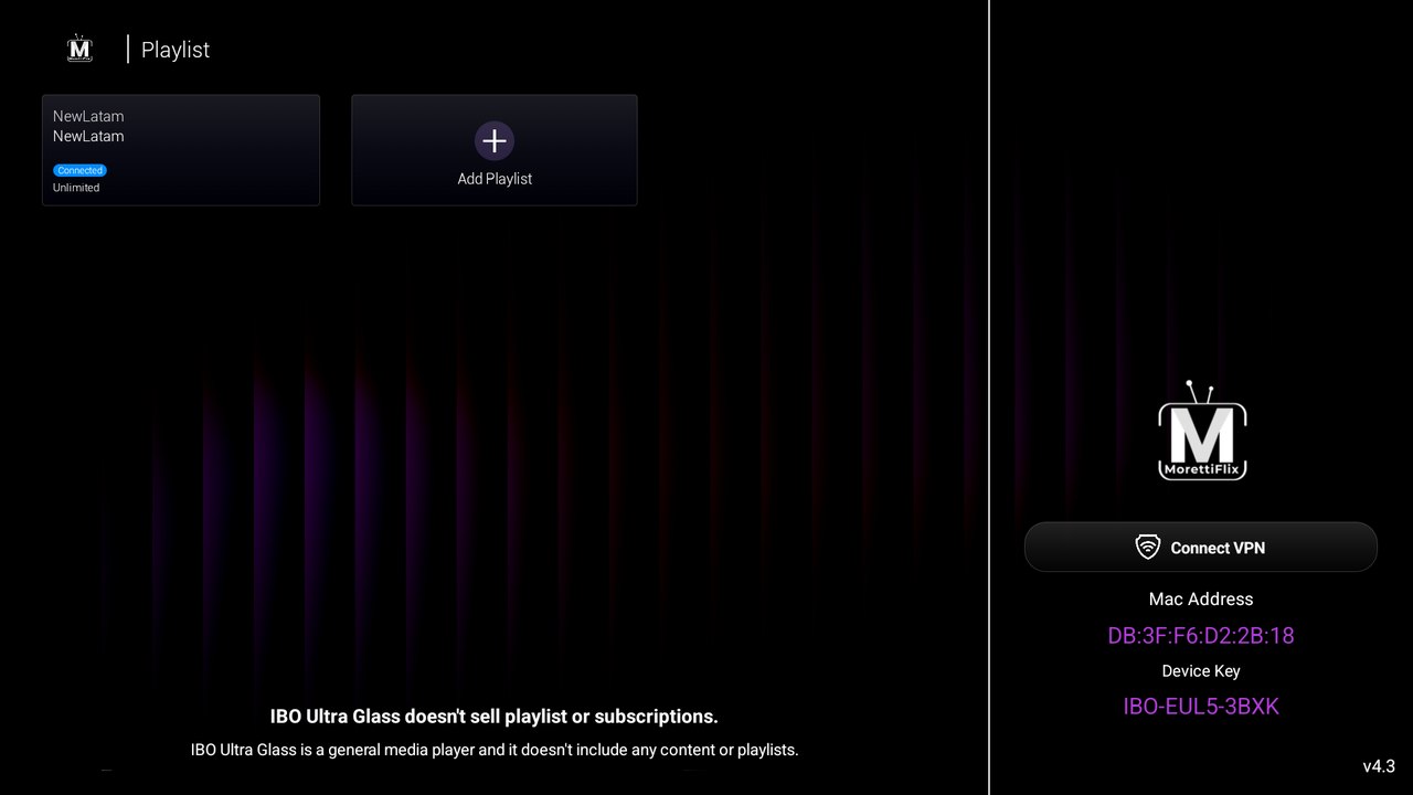 IBO Ultra Glass MAC and code activation playlist screen on Android TV