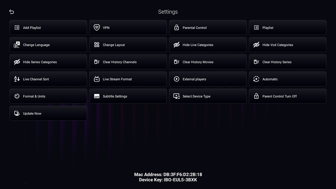 IBO Ultra Glass Purple — Settings — ajustes y control parental en Android TV / Fire TV