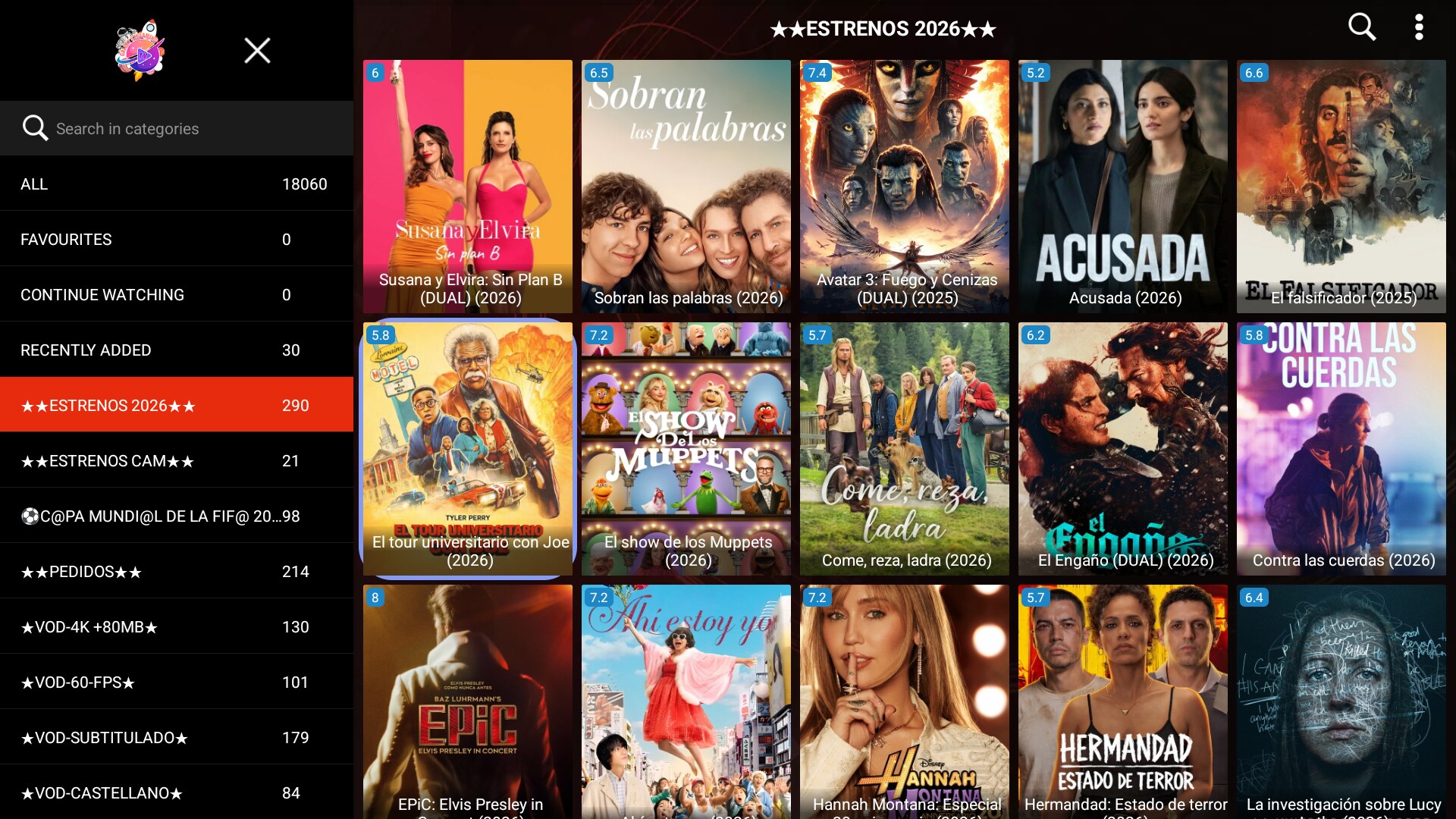 Películas con carátulas, puntuación y categorías