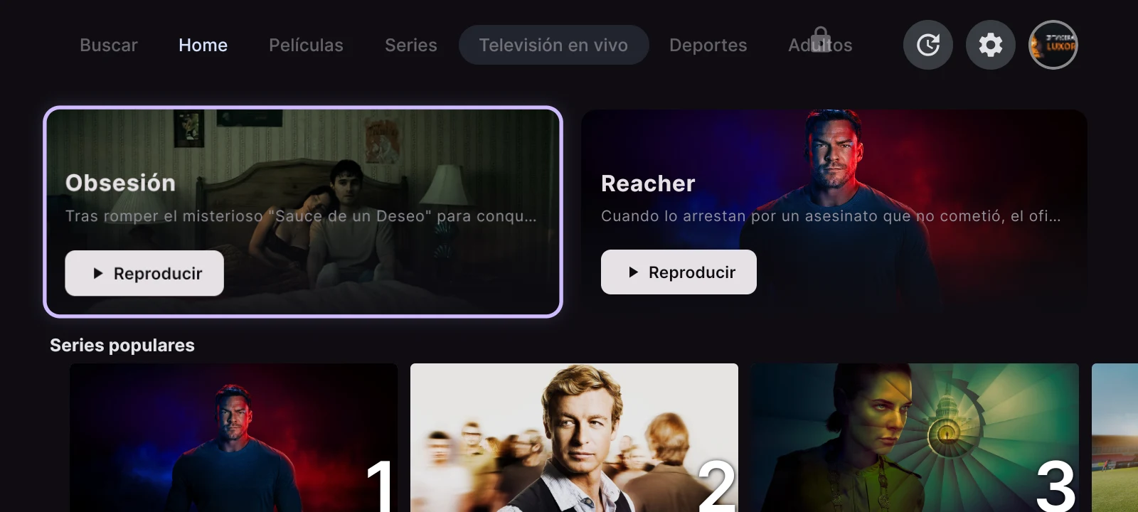 LUXOR IPTV Player - inicio con contenido destacado y series populares