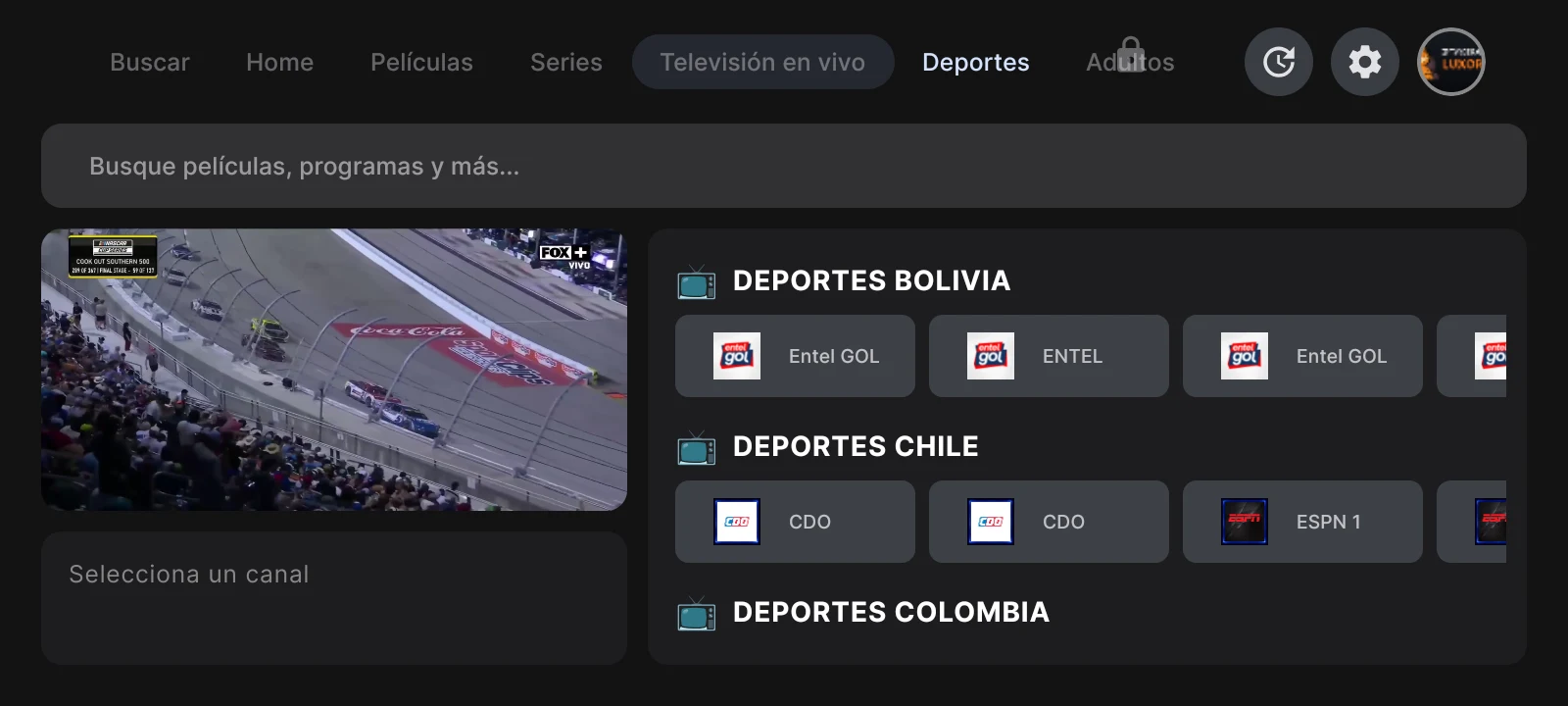 LUXOR IPTV Player - sección de deportes con canales por país