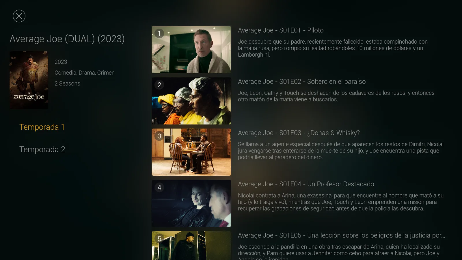 Selector de temporadas y lista de episodios con miniaturas