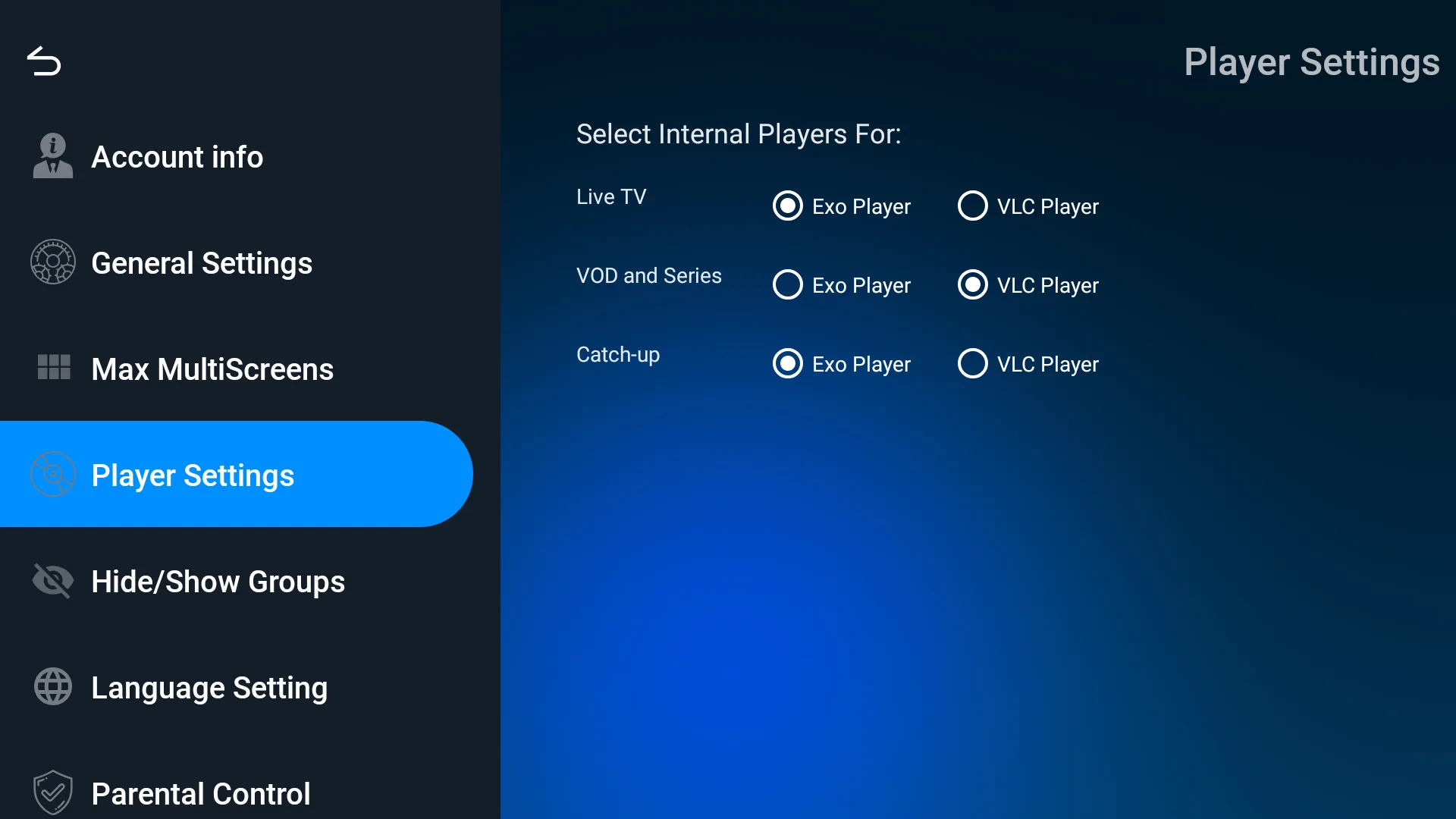Neutro - Ajustes: reproductor ExoPlayer/VLC, control parental e idioma