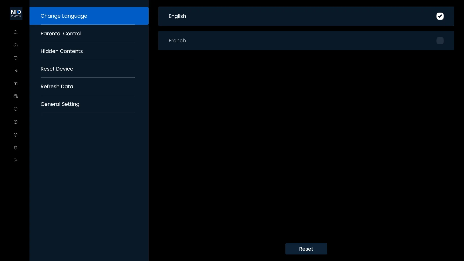 NIO PLAYER - Ajustes: idioma, control parental, contenidos ocultos y reset