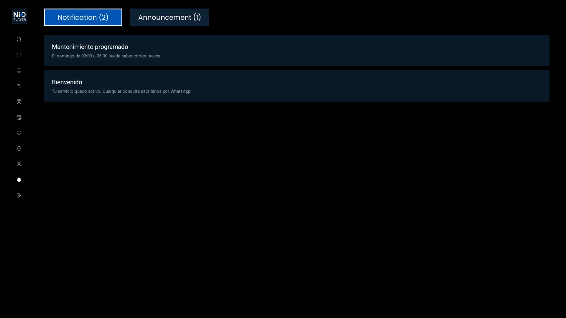 NIO PLAYER - Notificaciones y anuncios enviados desde el panel