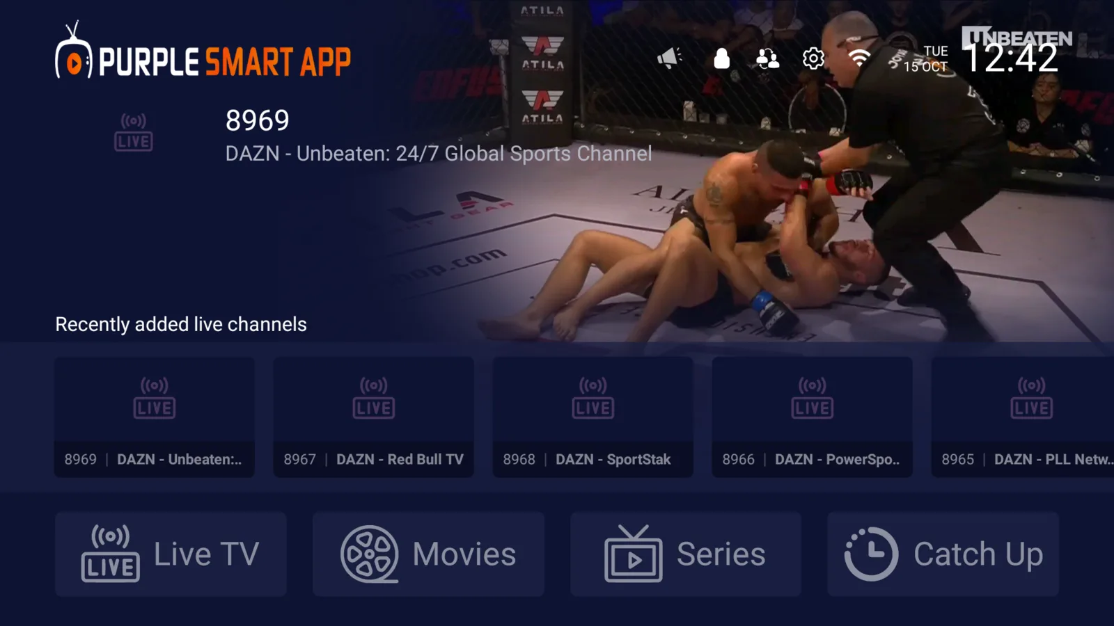 PURPLE EASY - Tema de home 1: hero con canal en vivo y fila de recien agregados