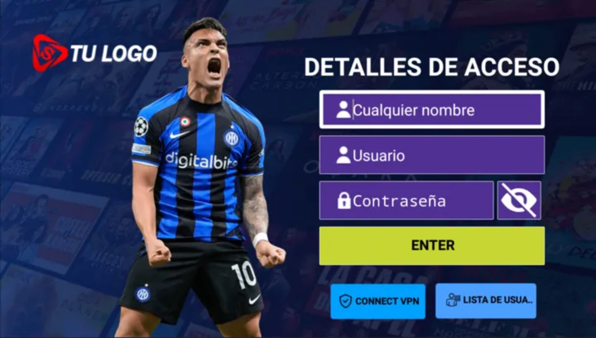 Login screen: name, username and password