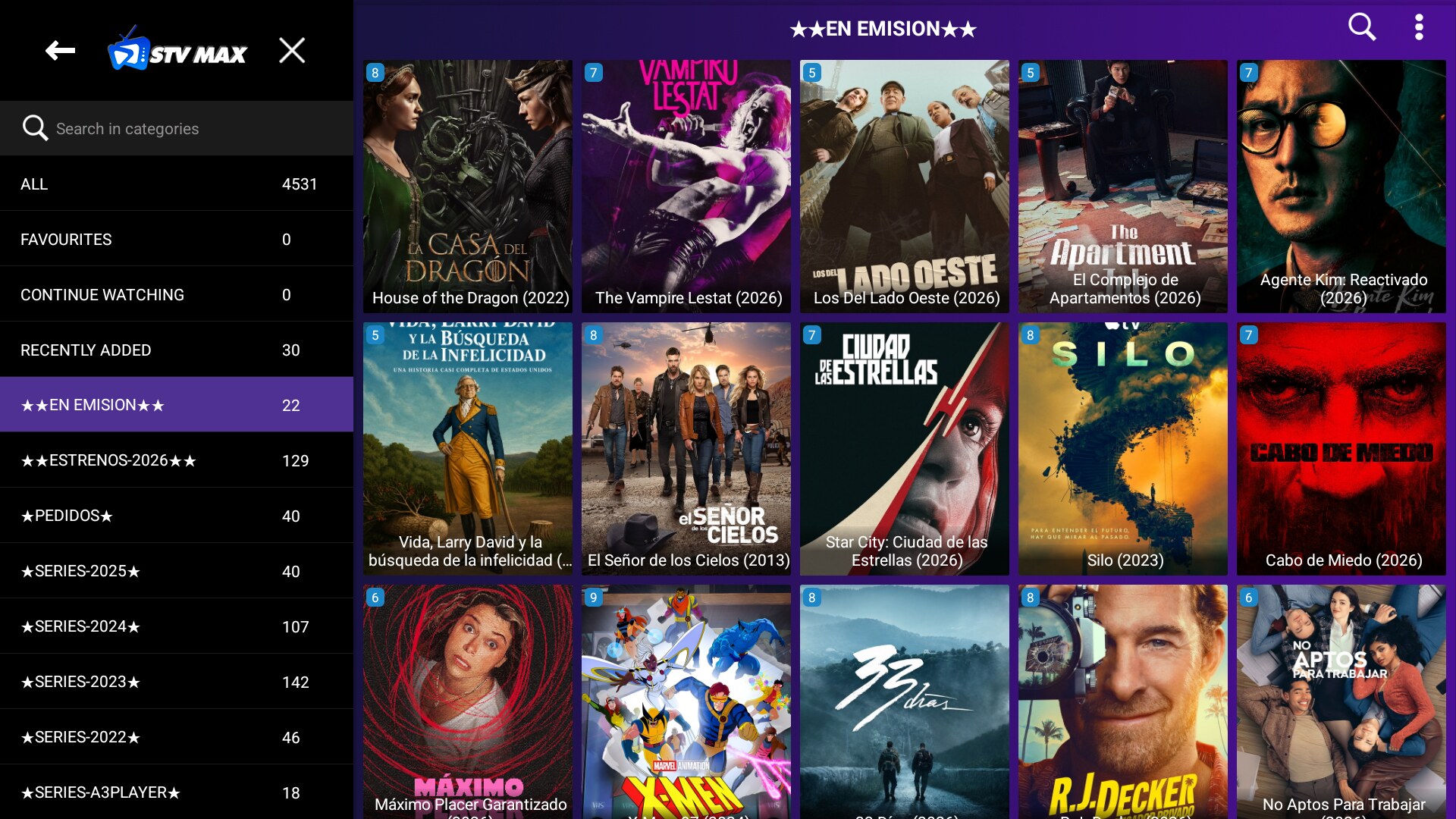 Series with cover art, ratings and categories