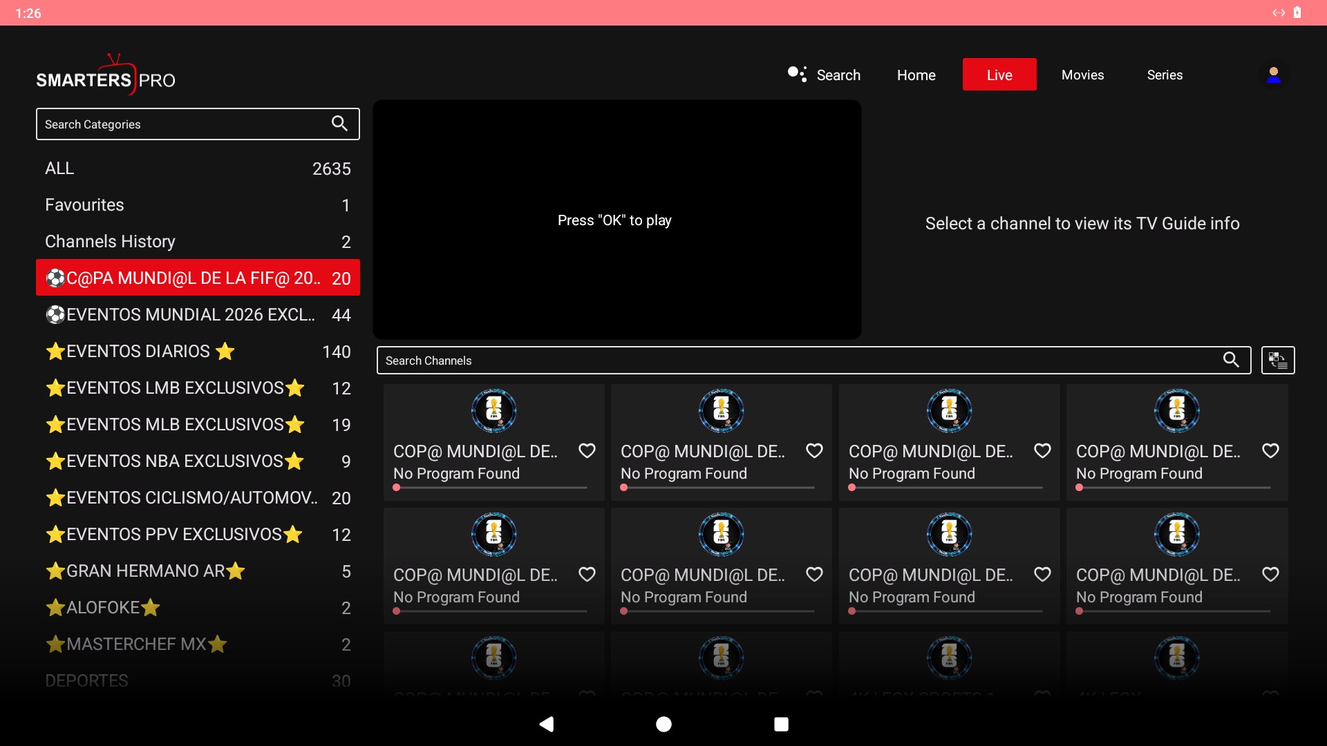 TV en vivo con categorías, favoritos y guía