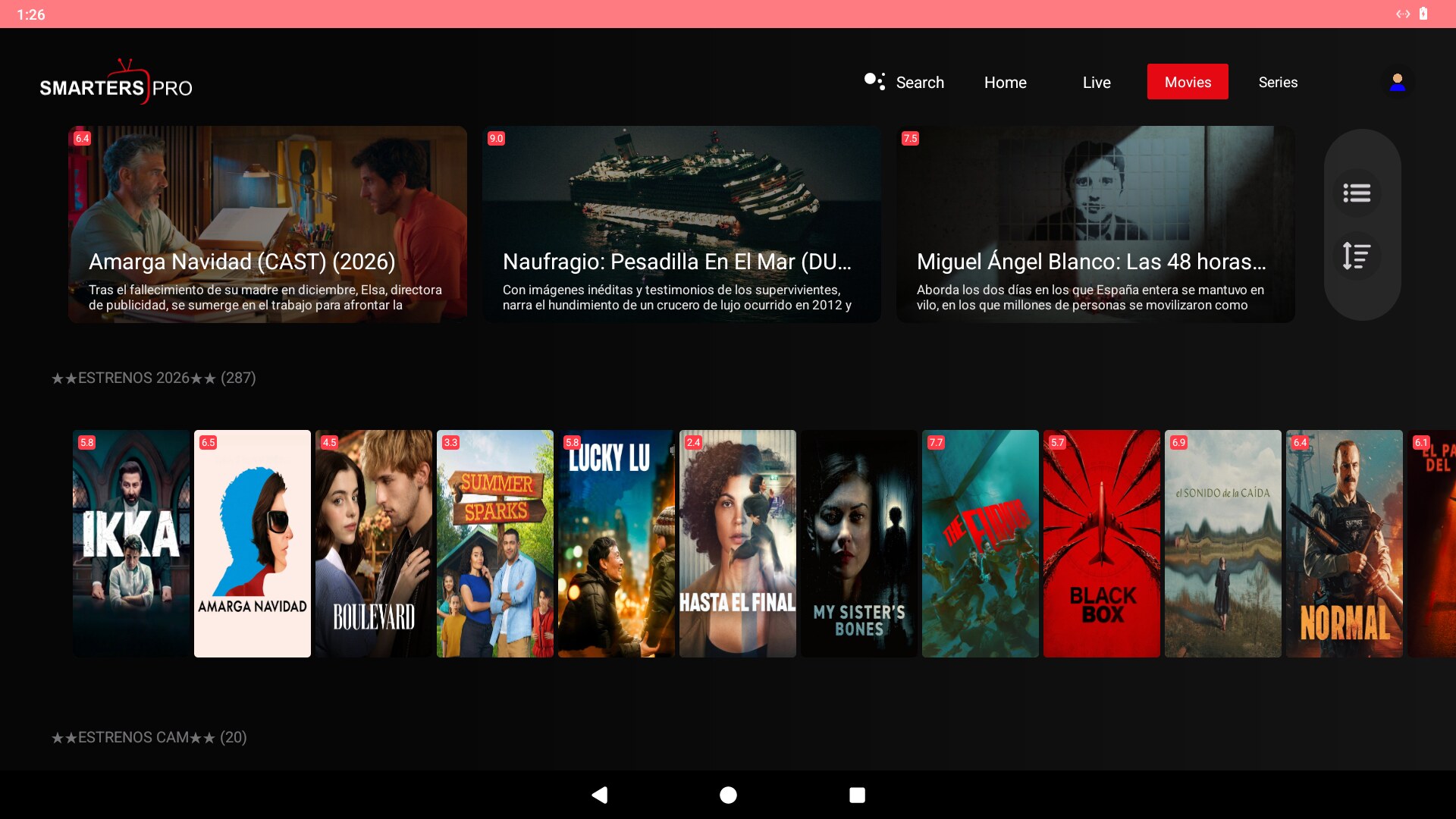 Películas estilo Netflix con destacado y filas