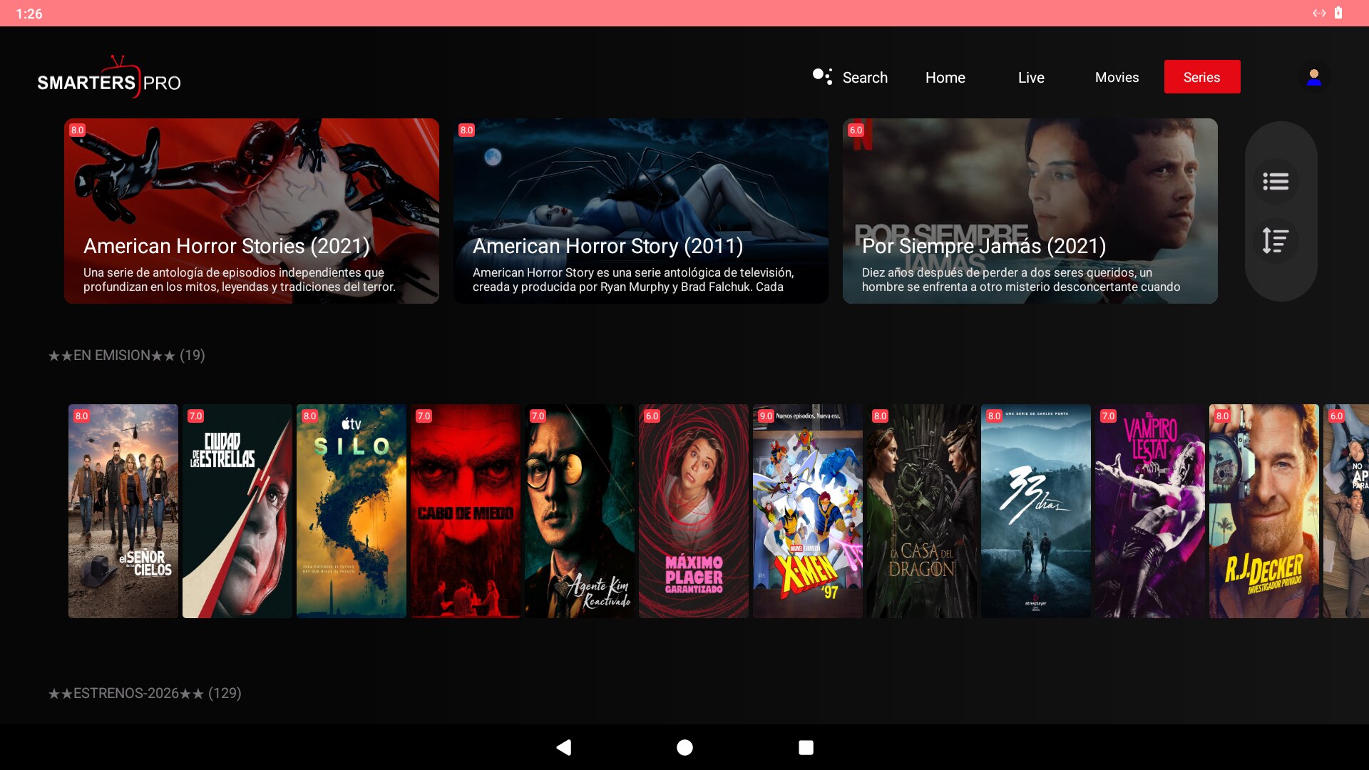 Series estilo Netflix con destacado y filas