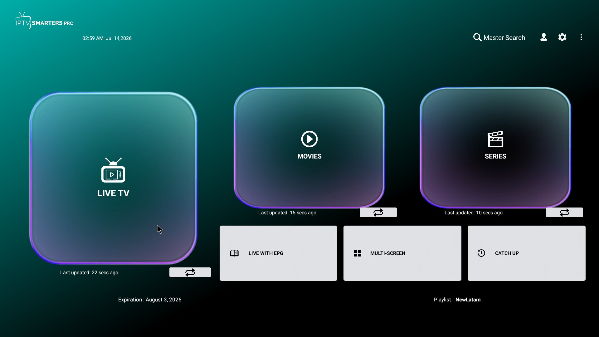 Interfaz de Smarters Pro V5 Glass lista para personalizar con tu marca