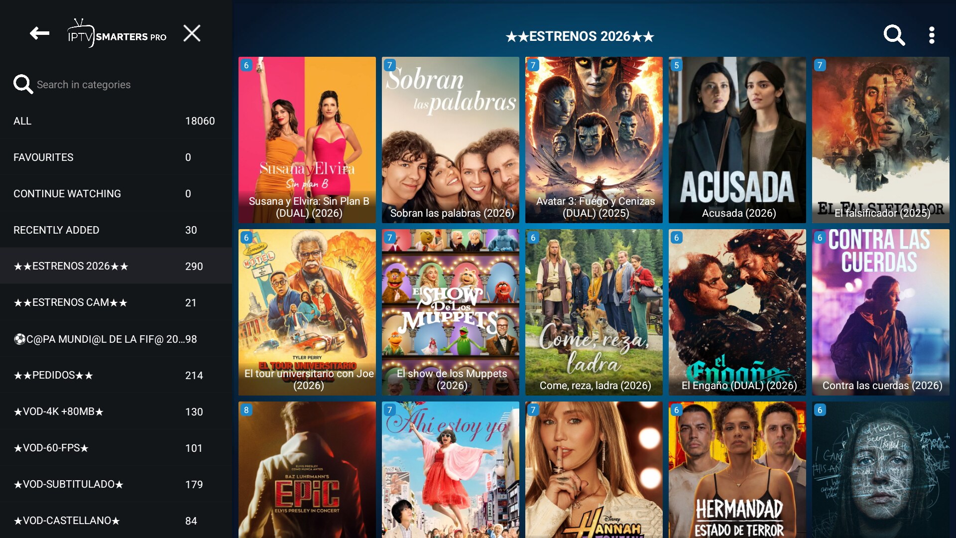 Películas con carátulas y fichas por categoría