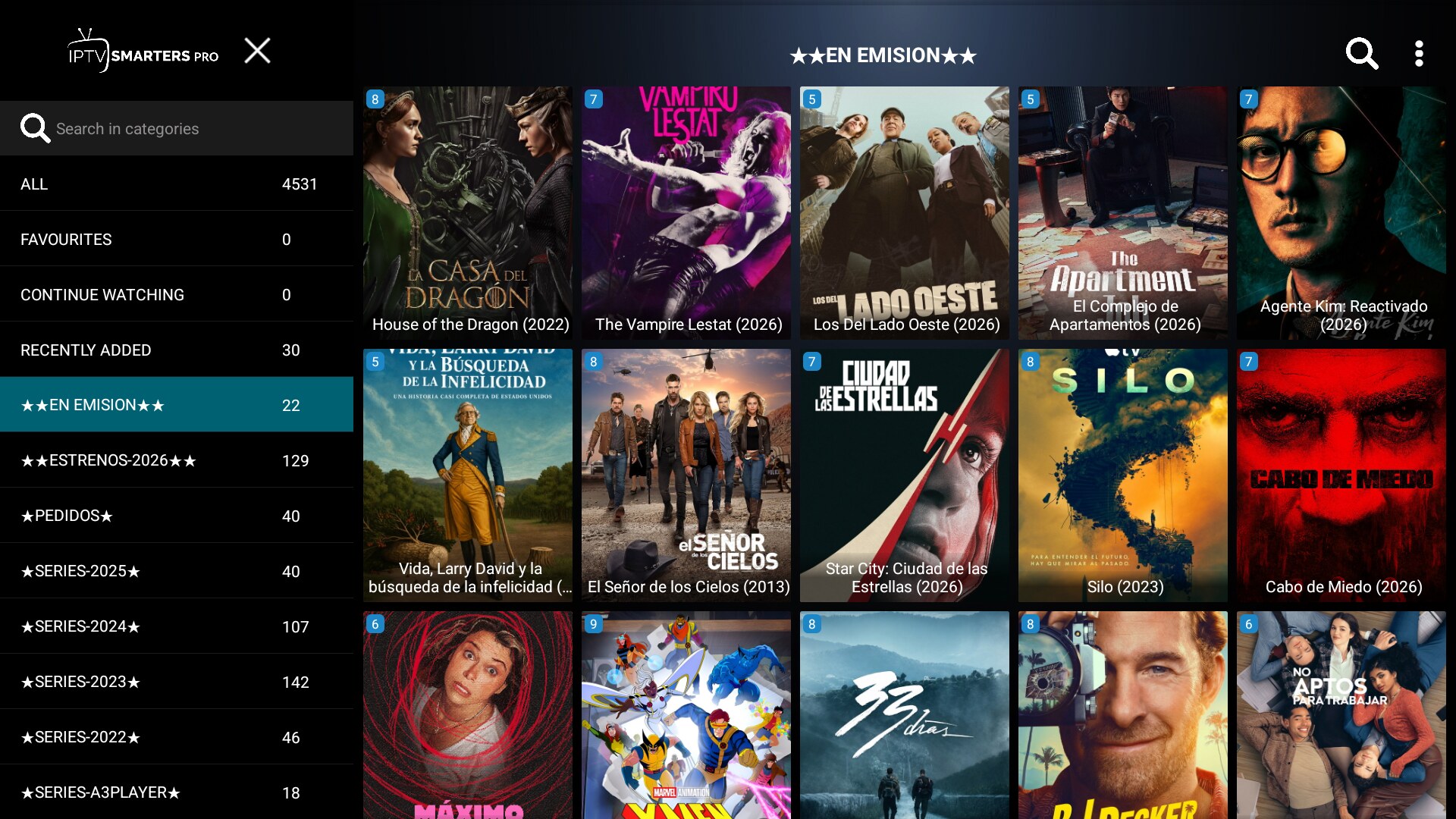 Series con carátulas y fichas TMDB por categoría