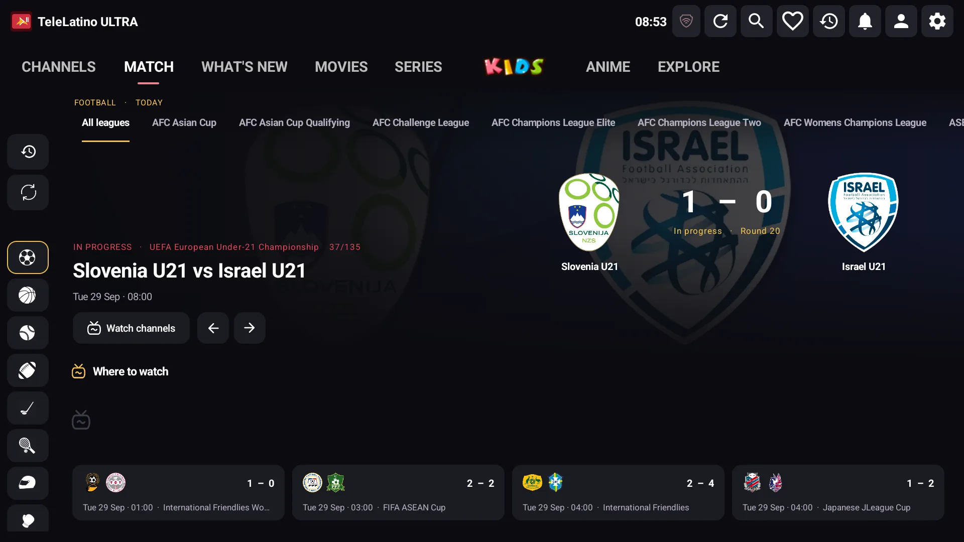 TeleLatino ULTRA — sección MATCH con marcador en vivo y ligas