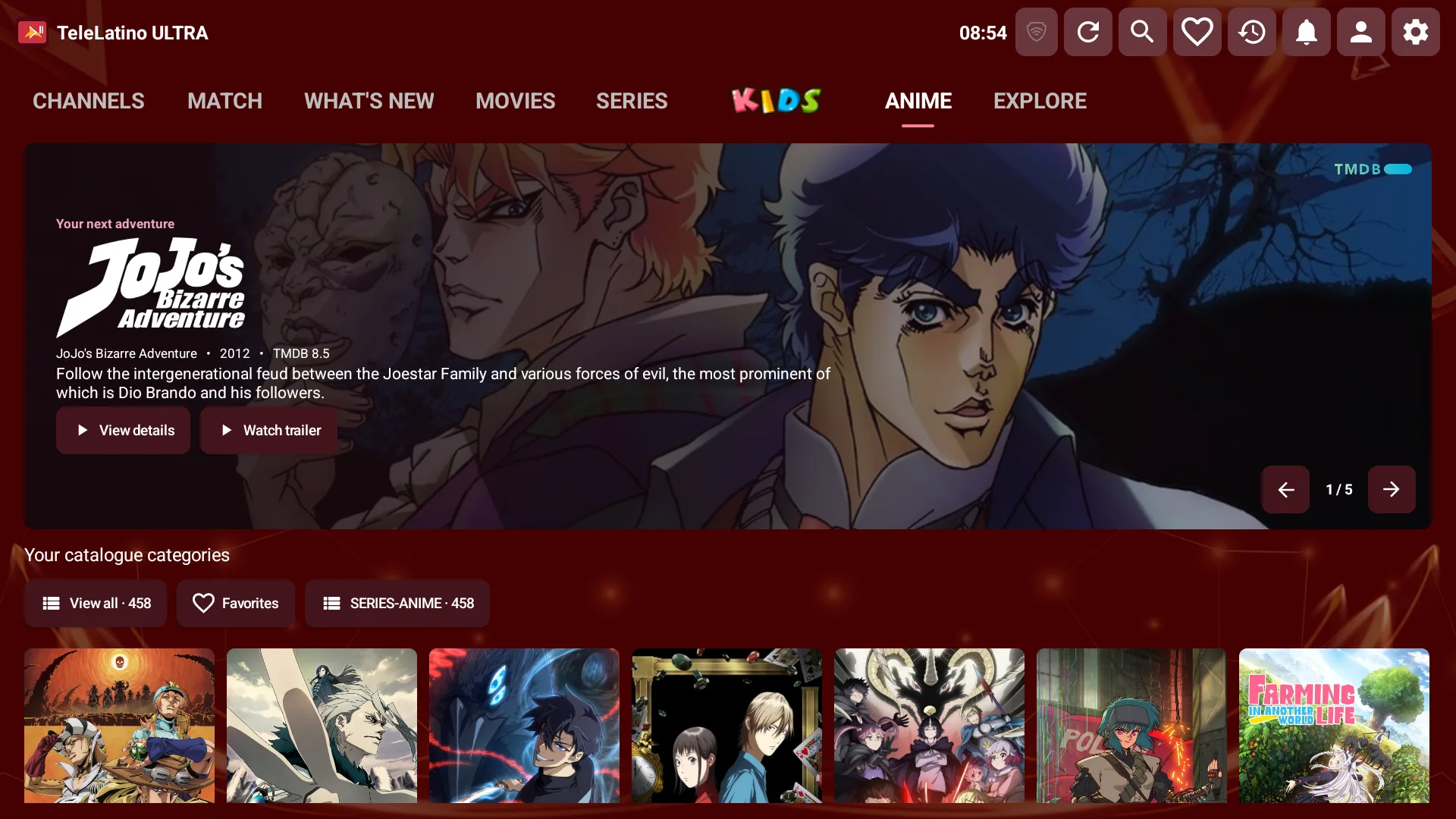 TeleLatino ULTRA — sección Anime con hero y pósters