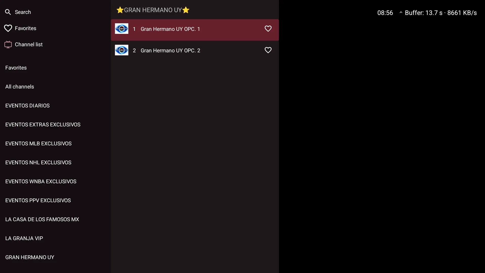 TeleLatino ULTRA — lista de canales sobre pantalla completa