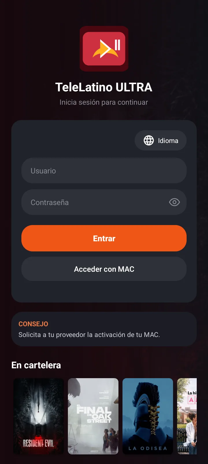 TeleLatino ULTRA — login móvil con usuario o MAC