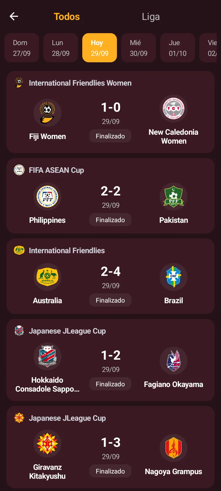 TeleLatino ULTRA — agenda de partidos por fecha en móvil
