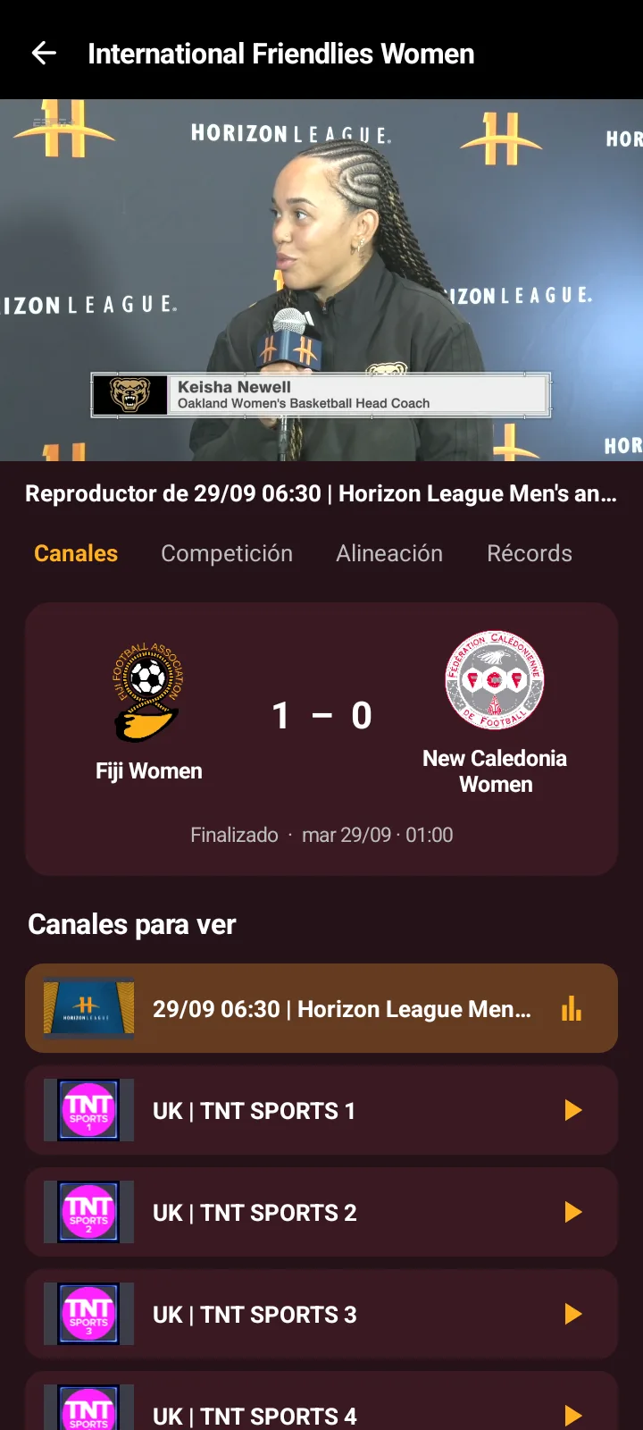 TeleLatino ULTRA — detalle de partido con canales para ver