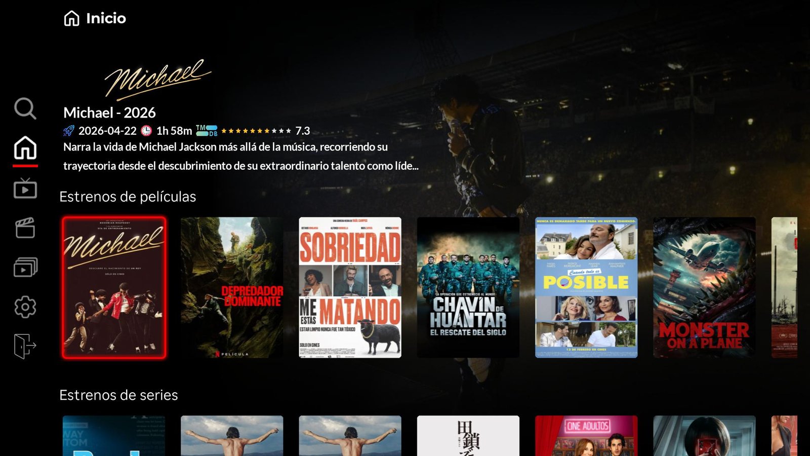 Thunder Player en Roku con hero dinámico que cambia con el poster en foco y catálogo IPTV tipo Netflix con tu marca