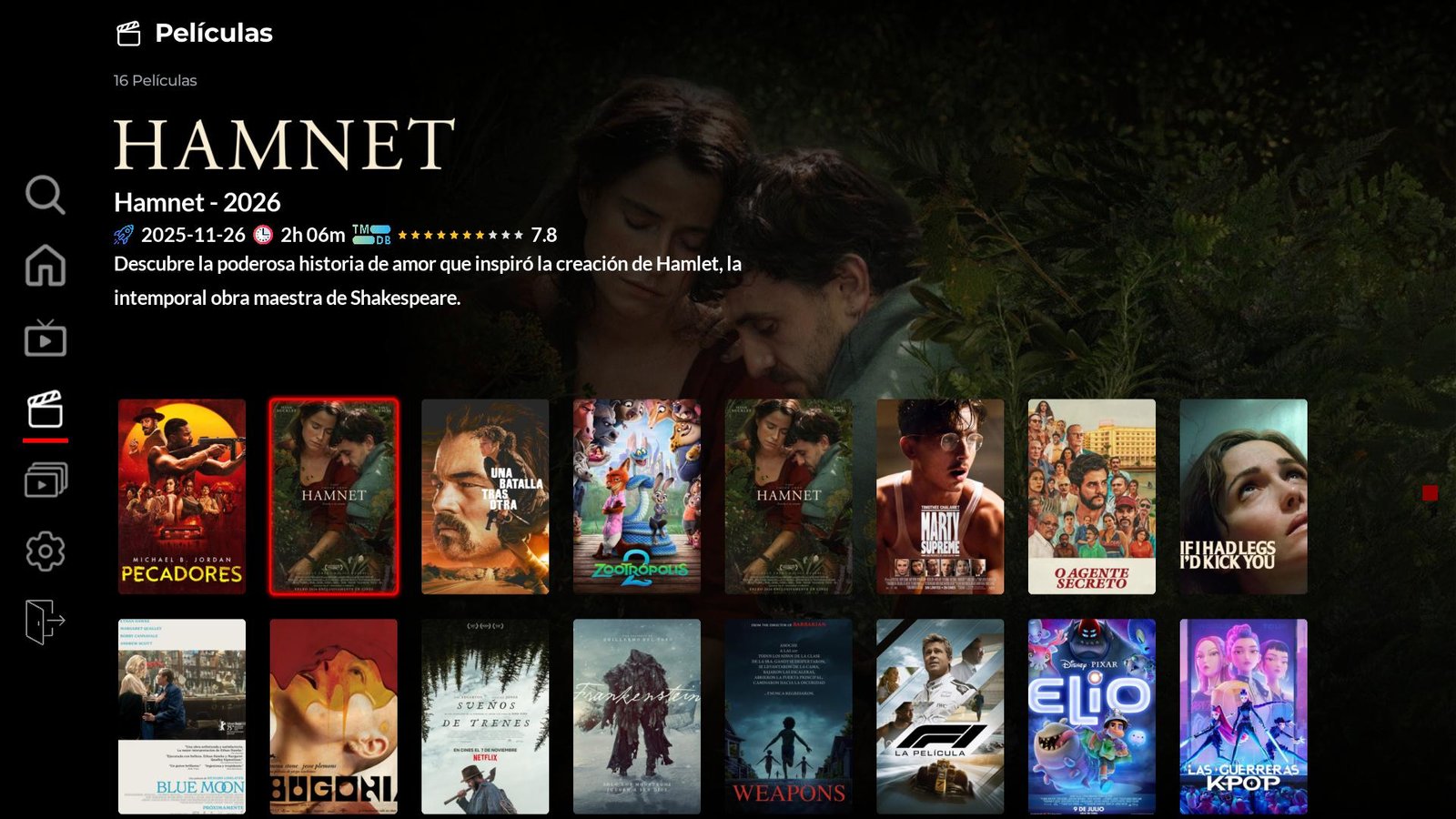 Grid de películas estrenos con poster Hamnet en foco