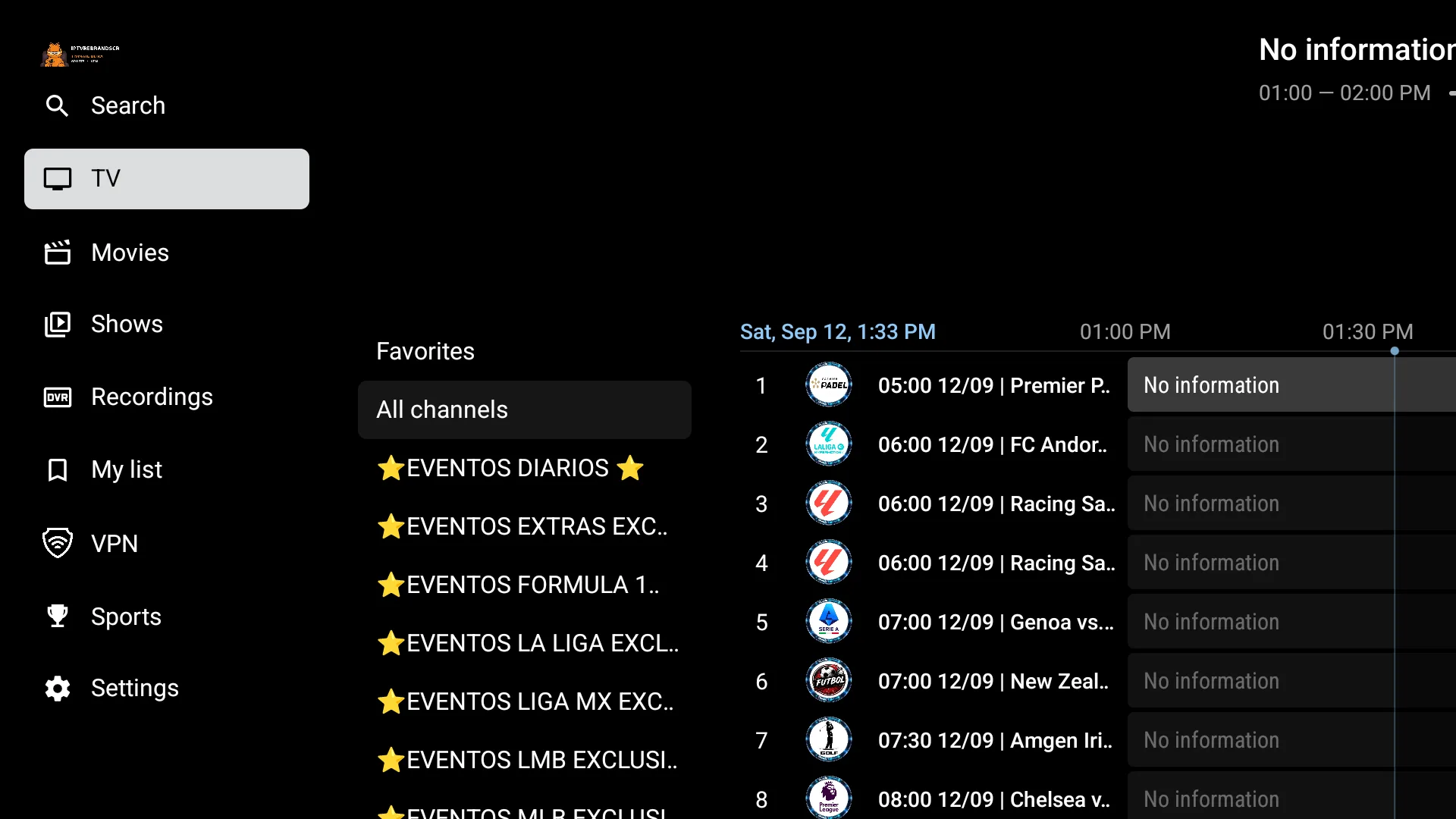 TiviMate Ultra side menu with TV, Movies, Shows, VPN and Sports