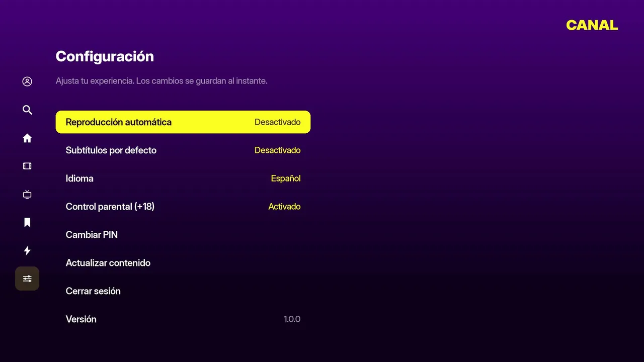 Configuración del canal: idioma, control parental y subtítulos