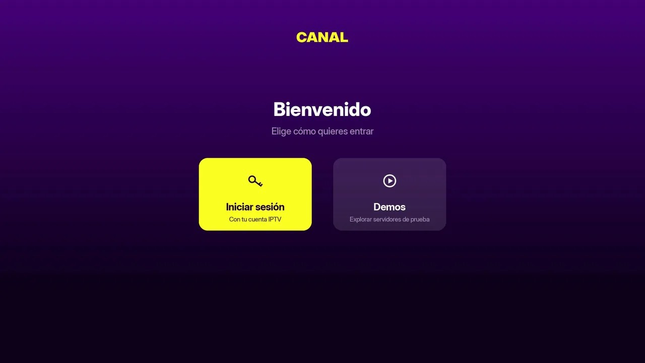 Pantalla de bienvenida del canal Roku: iniciar sesión o probar demos