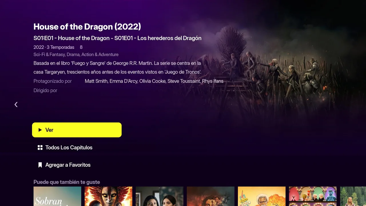 Ficha de serie con temporadas y episodios en el canal Roku