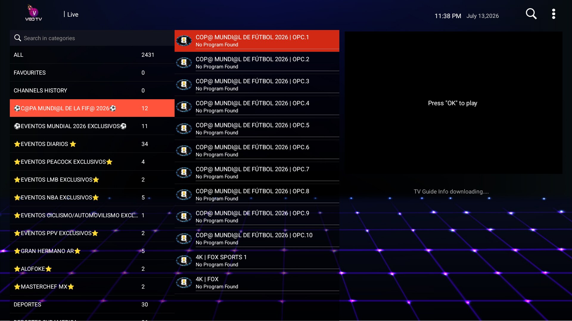 TV en vivo con lista de categorías y canales