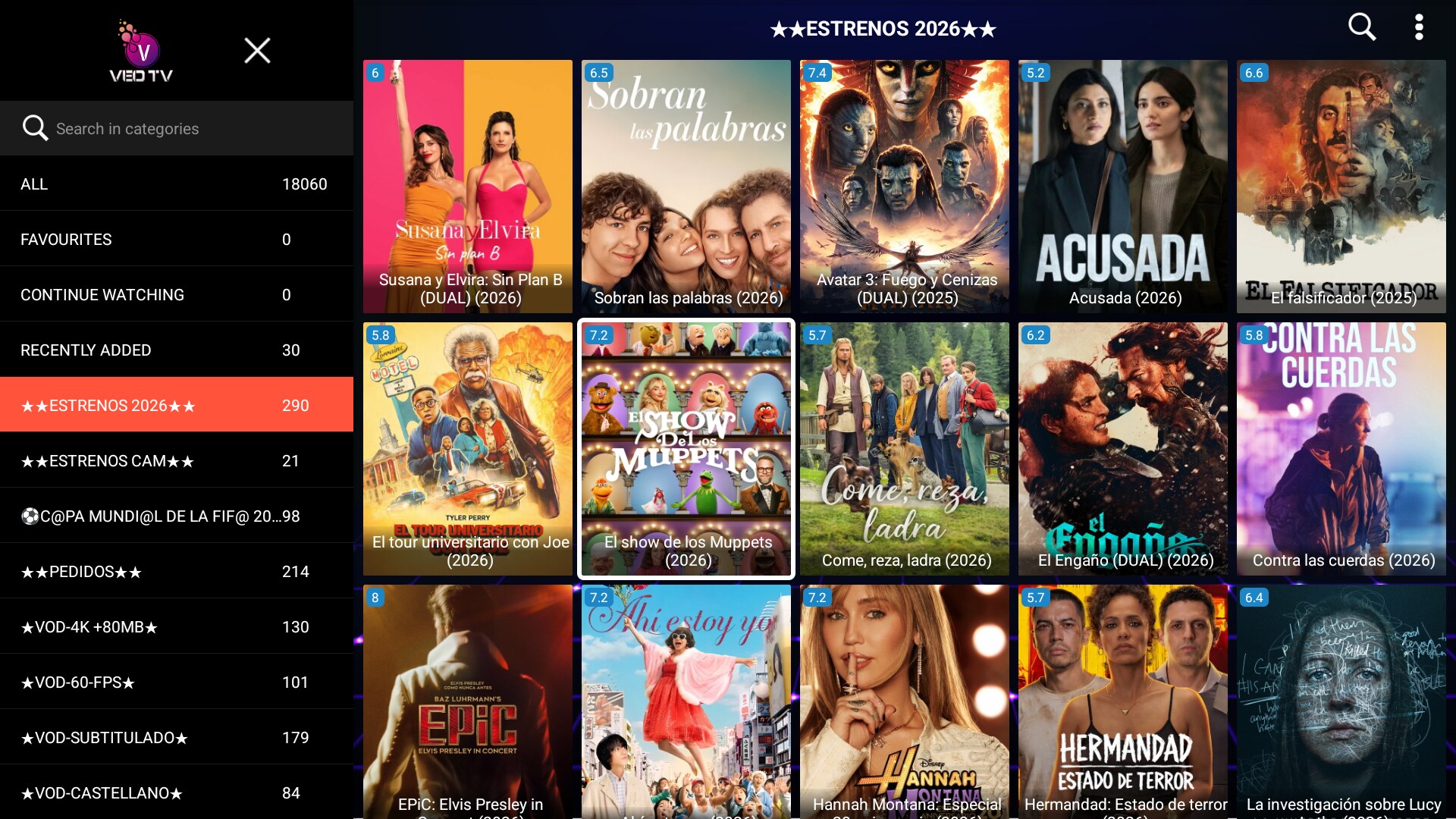 Películas con carátulas, puntuación y categorías