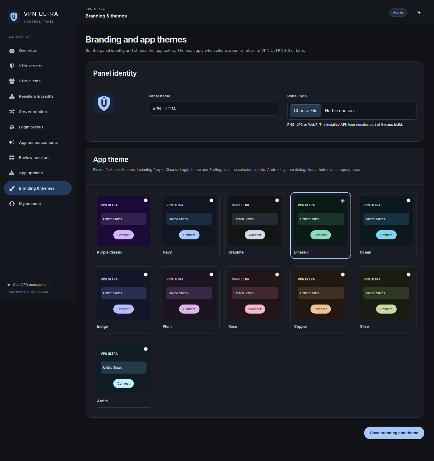Selector de los once temas de la app