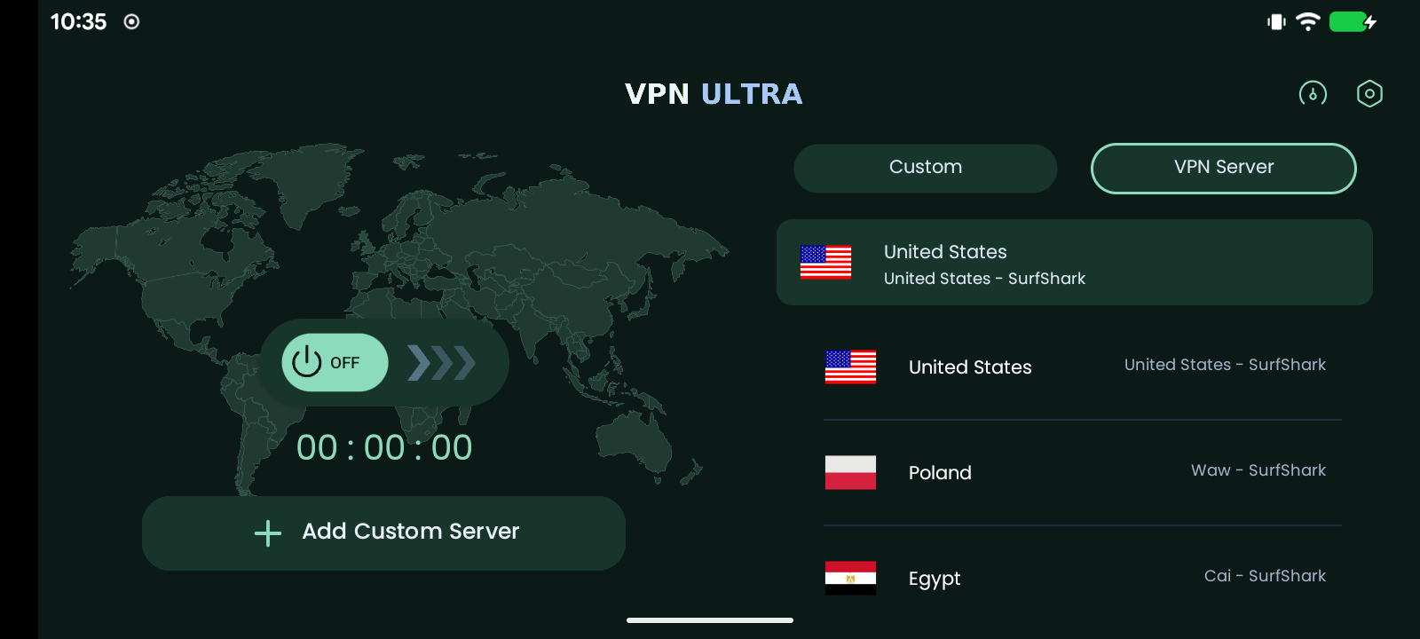 VPN ULTRA en modo TV con tema Emerald