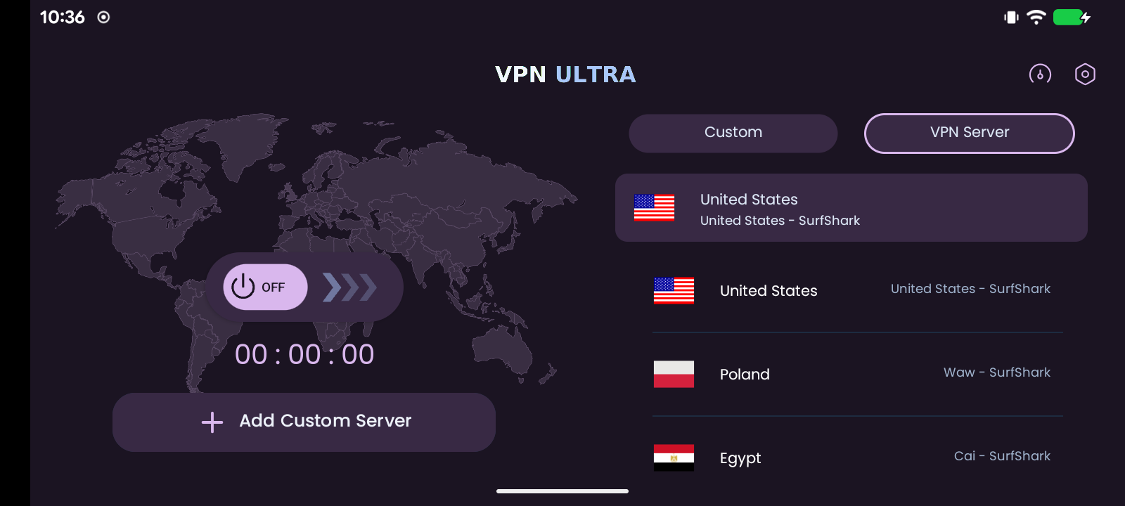 VPN ULTRA en modo TV con tema Plum