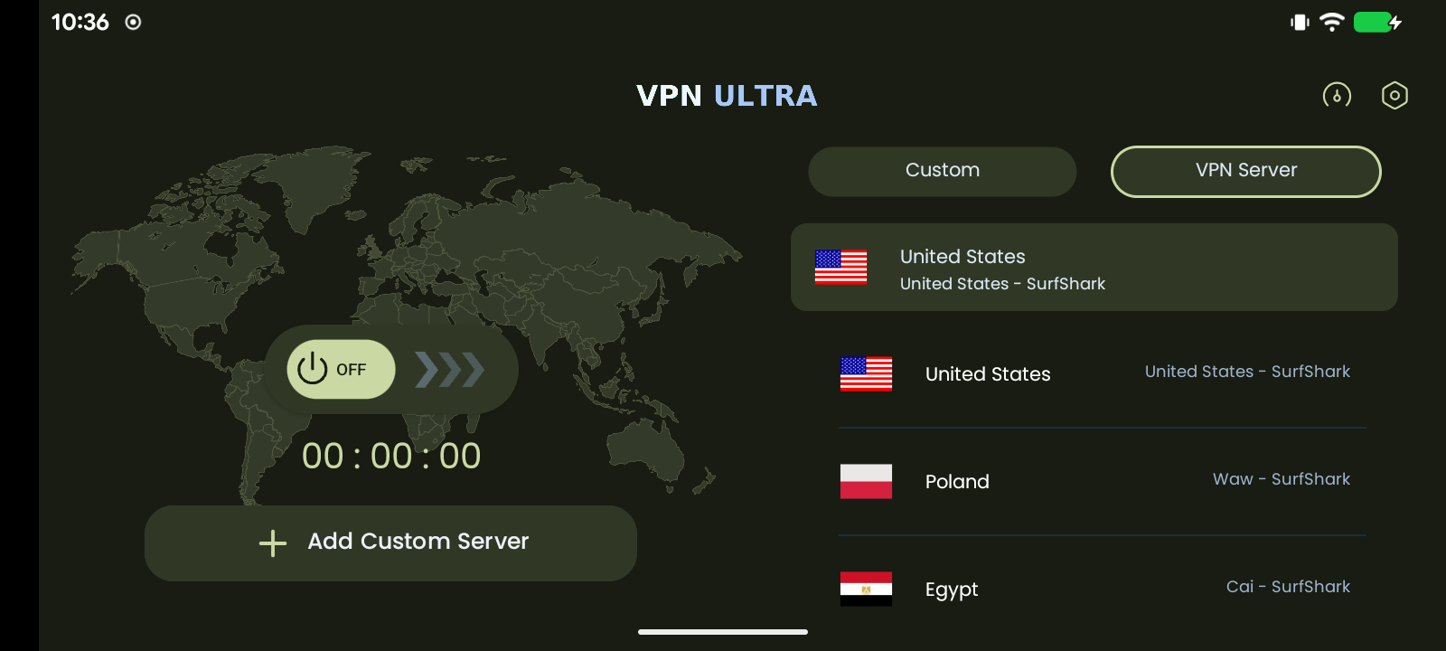 VPN ULTRA en modo TV con tema Olive