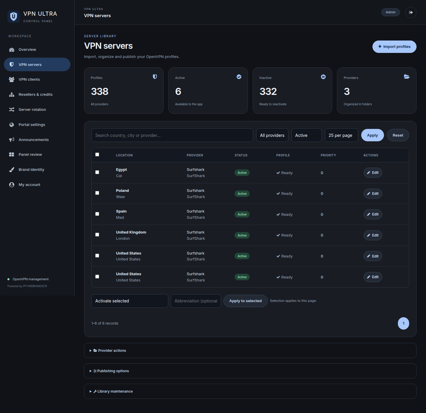 Servidores VPN con búsqueda y paginación