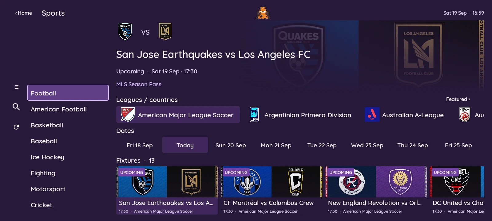 XCIPTV 2100 Purple — Sports with leagues, backdrops and fixtures