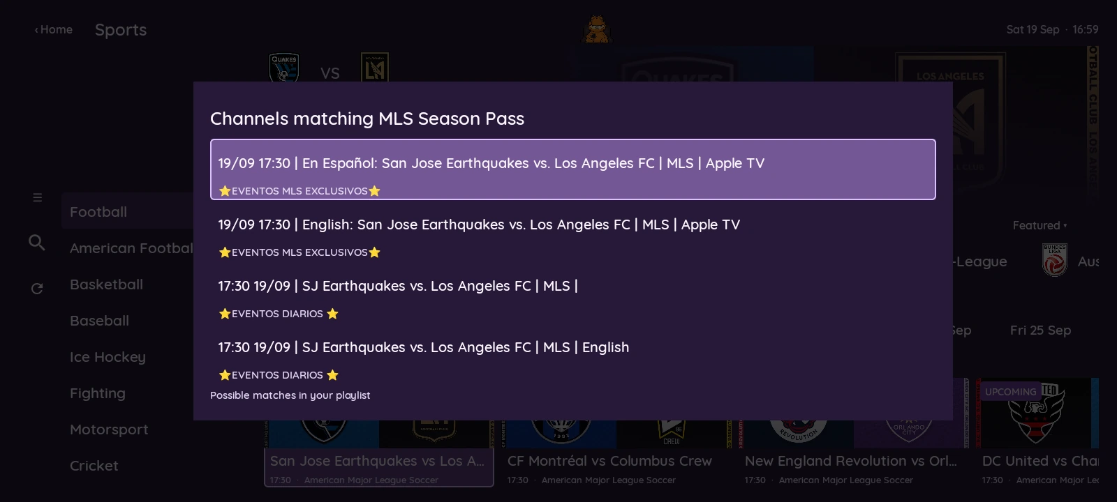 Possible event matches in XCIPTV 2100 Purple’s IPTV playlist