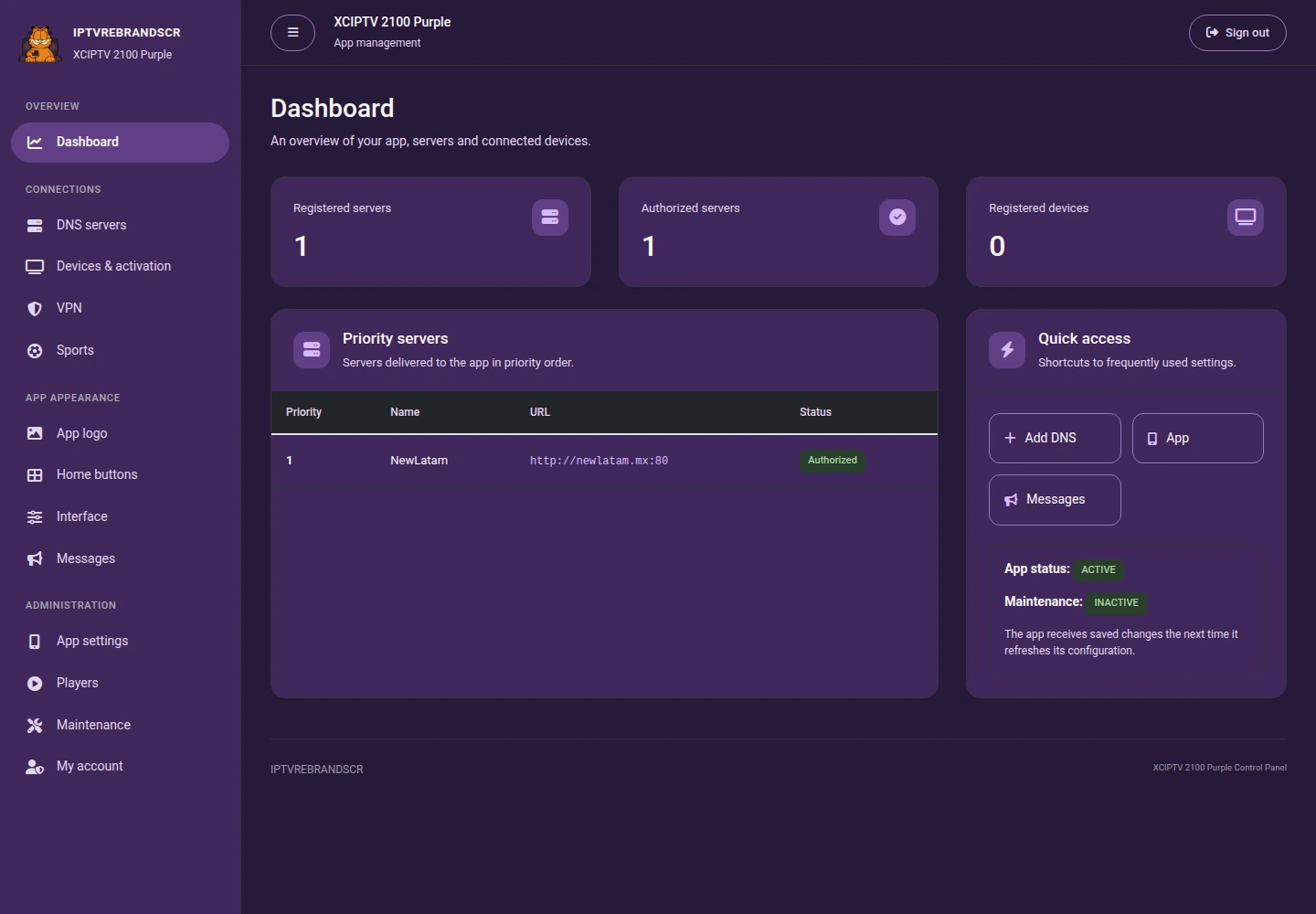 XCIPTV 2100 Purple — Administration panel