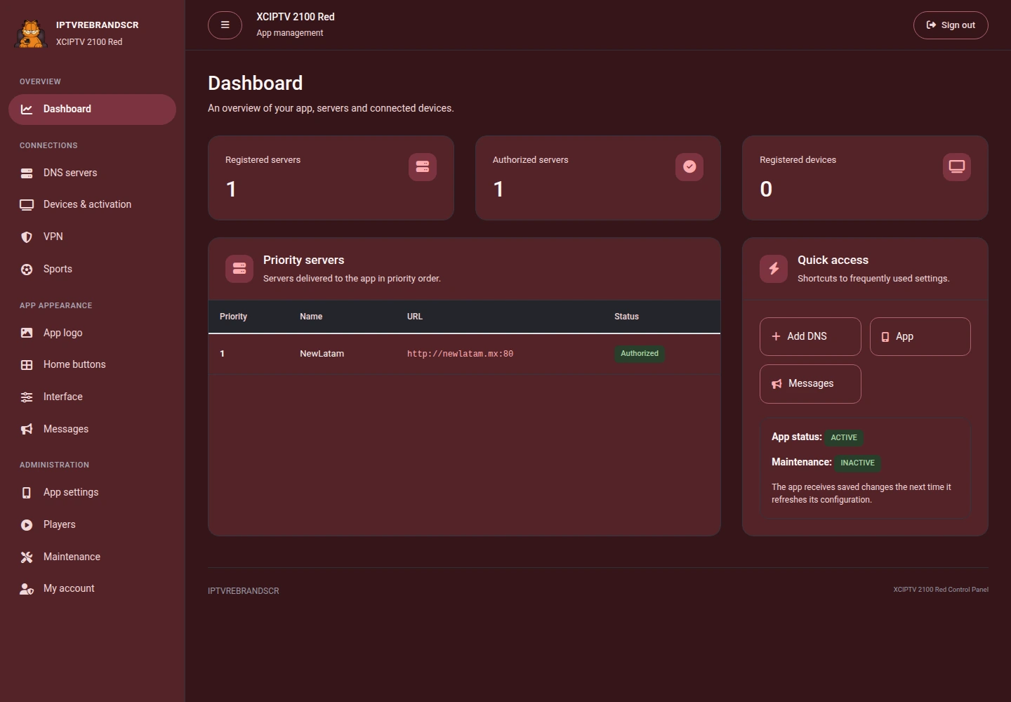 XCIPTV 2100 Red — Panel de administración