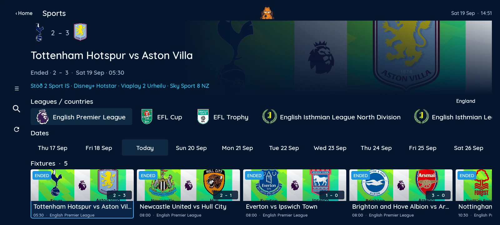 XCIPTV 2100 native Sports with league badges, event artwork and fixture cards
