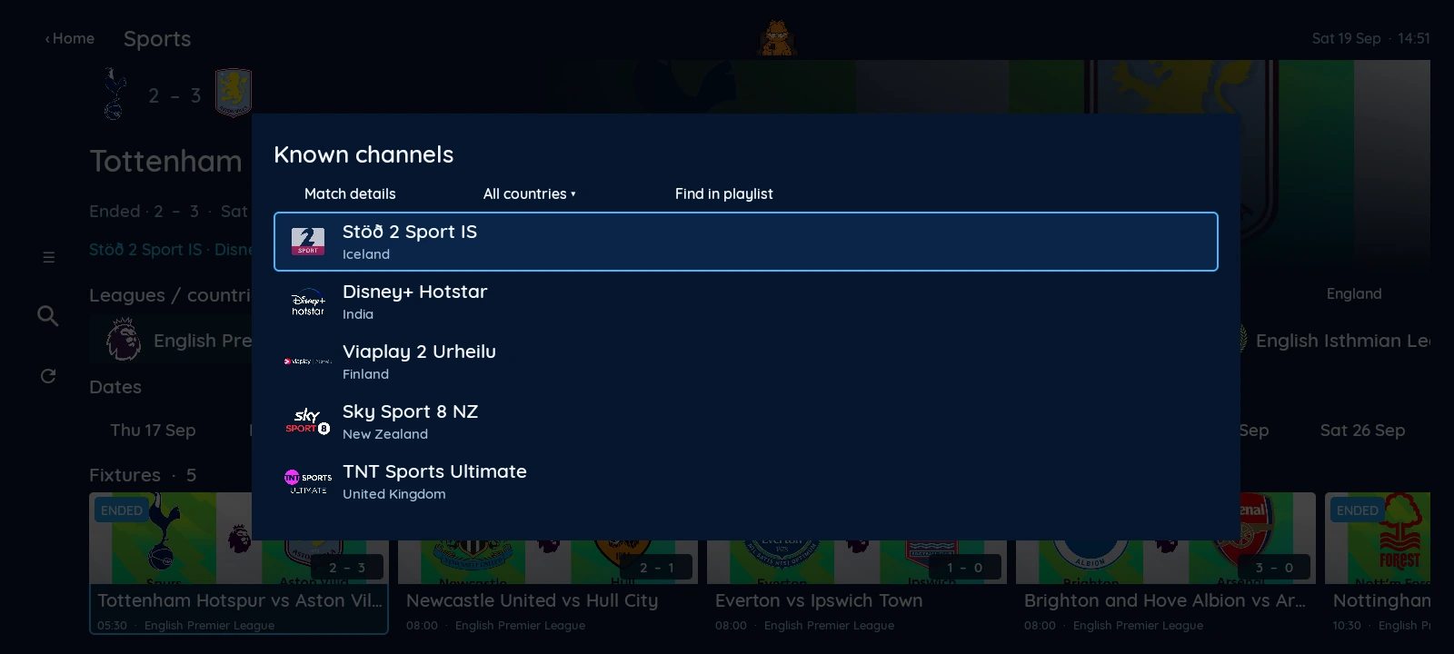 XCIPTV 2100 native event details with channel logos and a country filter