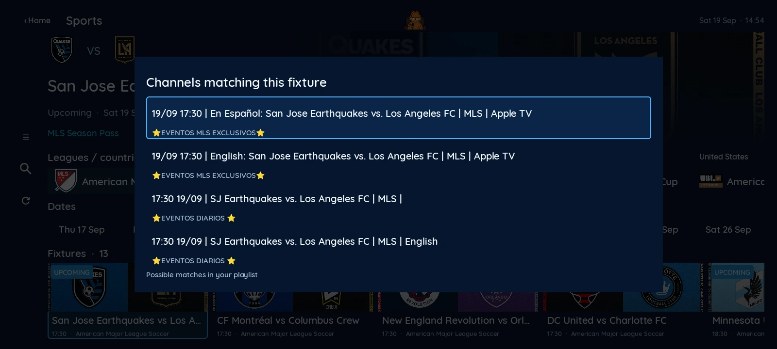 XCIPTV 2100 fixture matches in the loaded IPTV playlist